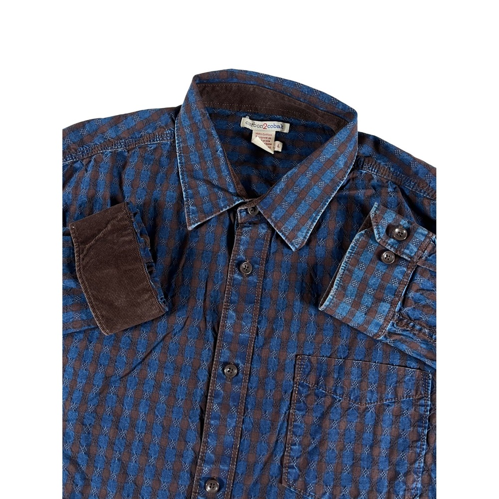 Carbon2Cobalt Mens Blue Brown Gingham Dobby Cotton Button Down Shirt Large